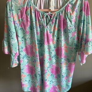 Honeyme Mint and Pink Relaxed Tie Front Blouse - Size S